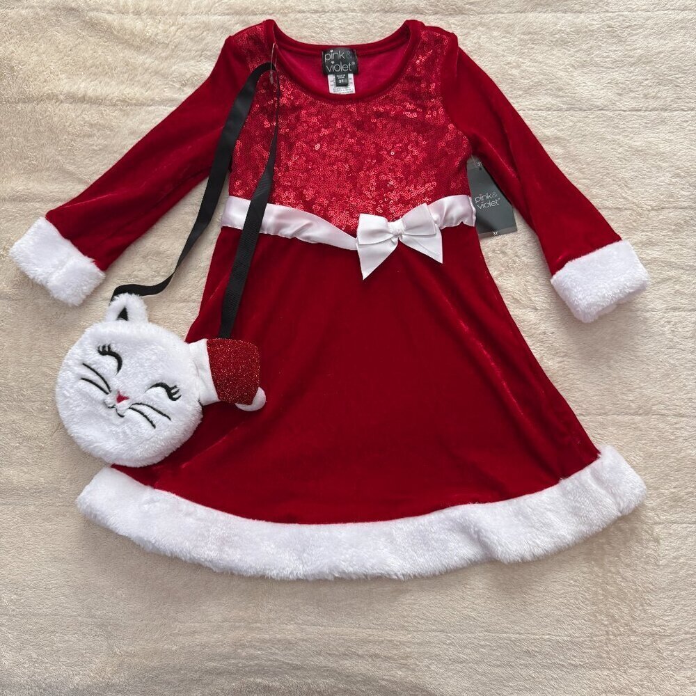 Pink & Violet Red Holiday Girl's Dress Red With Cat Purse ~ Size 3T